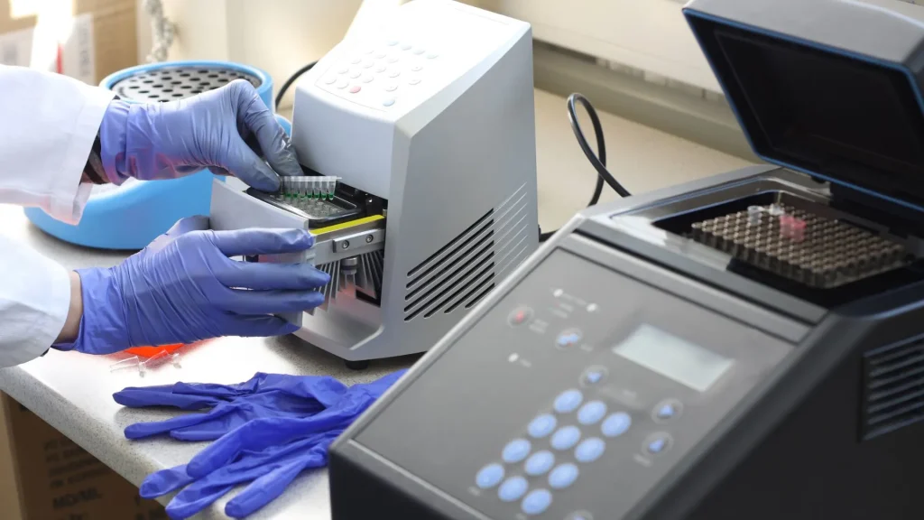 PCR Analyzer adalah alat berbasis teknik Polymerase Chain Reaction yang berfungsi memperbanyak materi genetik virus dalam sampel pasien.